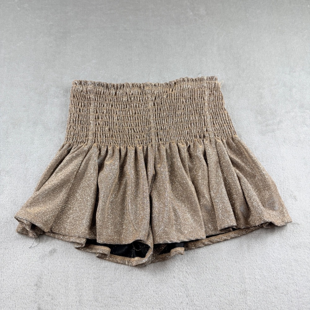 Altar'd State Women's M Gold Metallic Smocked Waist Ruffle Shorts Festival Party